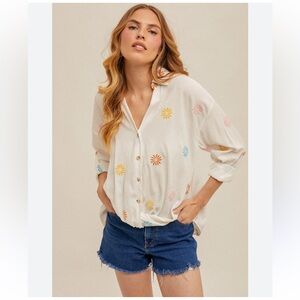 Floral Embroidered Twist Front Button Down